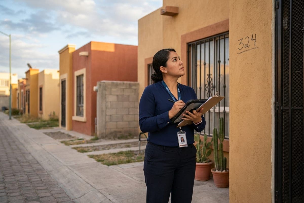 Investigadora de campo de Conexión Humana validando un domicilio en la visita física