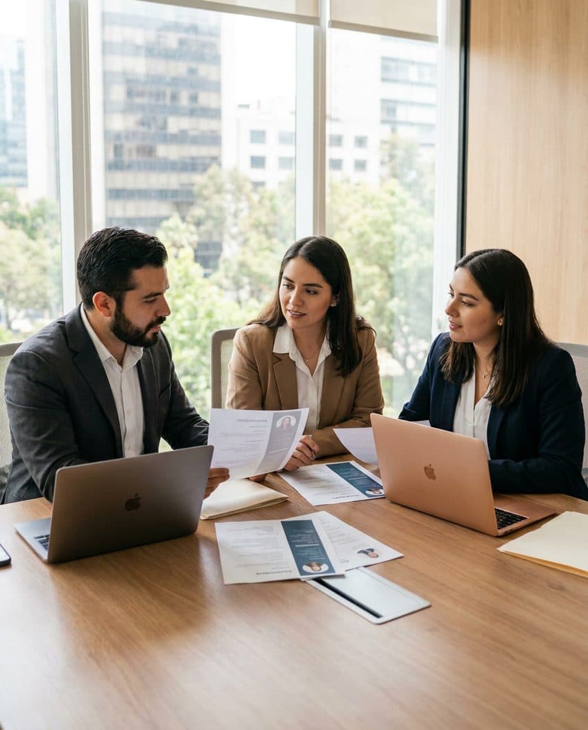 Equipo de Recursos Humanos de Conexión Humana evaluando y comparando a los candidatos finalistas