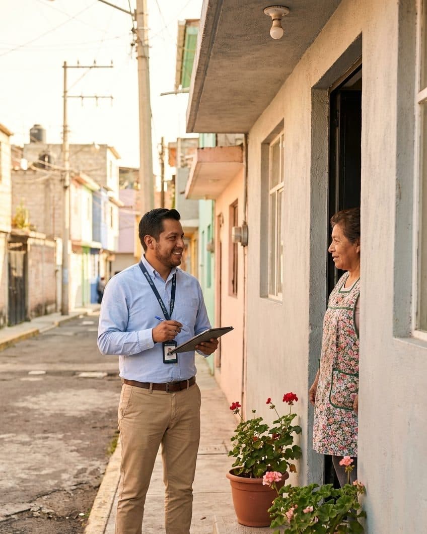 Investigador de Conexión Humana en una visita domiciliaria a un candidato en una colonia mexicana