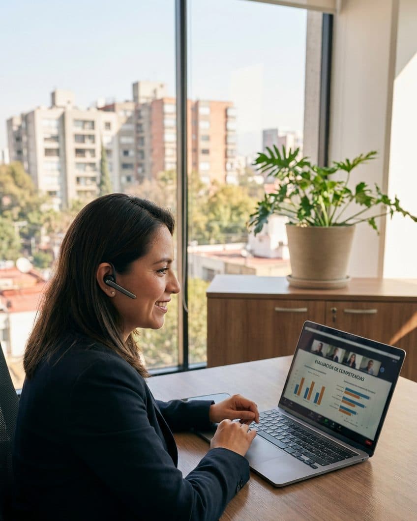 Evaluadora aplicando una prueba de competencias laborales por videollamada